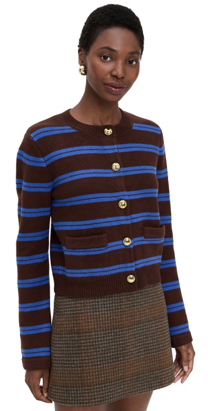 English Factory Striped Gold Button Cardigan Brown/Blue
