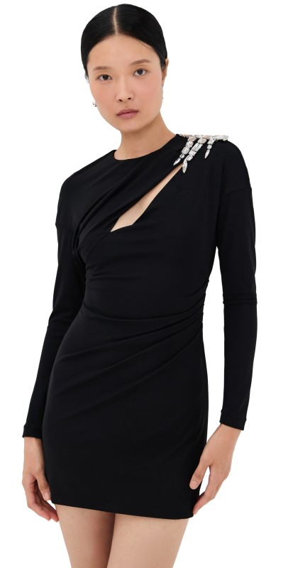 AREA Crystal Cluster Draped Long Sleeve Mini Dress Black