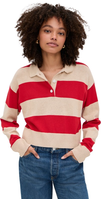 LE JEAN Cotton Cashmere Polo Red Rugby Stripe
