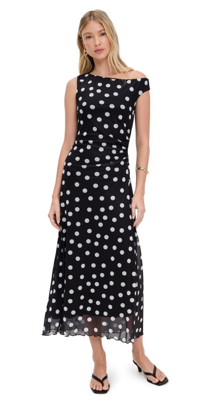 Another Girl Fallen Shoulder Polka-Dot Maxi Dress Black