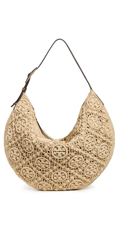 Tory Burch T Monogram Raffia Balloon Bag Natural