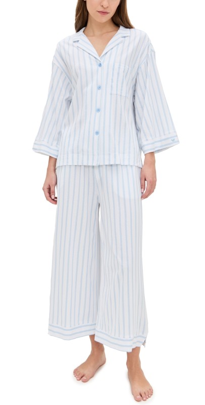 Petite Plume Luxe Pima Stripe Wide Leg Pajama Set Periwinkle Stripe