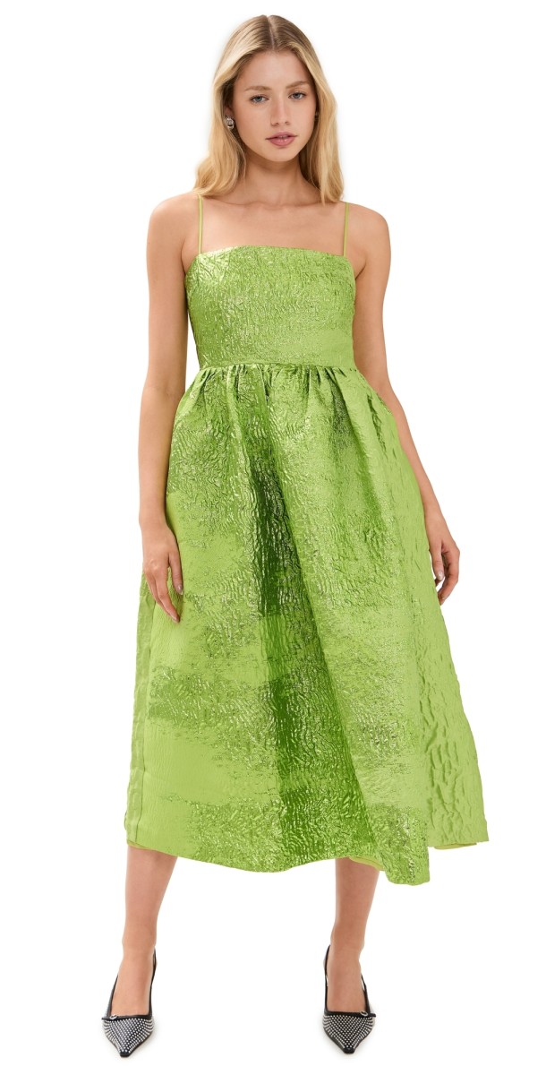 Stine Goya Voluminous Gathered Midi Dress Green Impressionist Hue