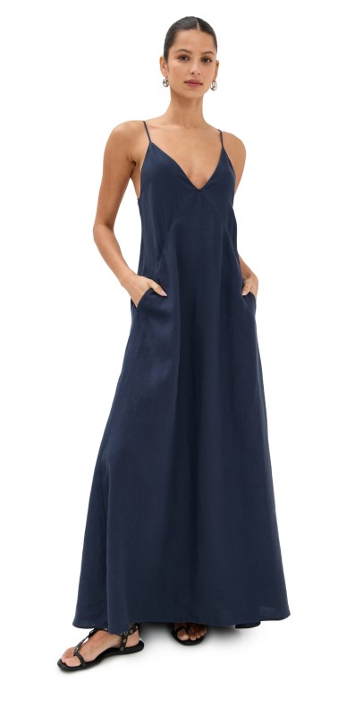Another Tomorrow Linen Seamed Slip Dress Navy