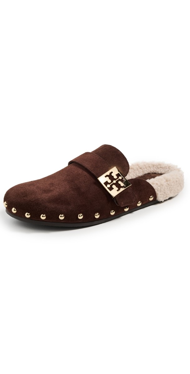 Tory Burch Mellow Stud Shearling Mules Dark Cocoa/Taupe