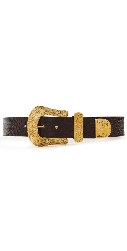 L'AGENCE Ximena Wide Leather Belt Chocolate Croc Embossed