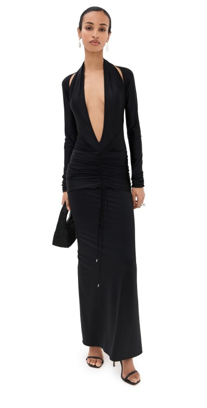LaQuan Smith Gown with Deep Plunge Neckline Detail Black
