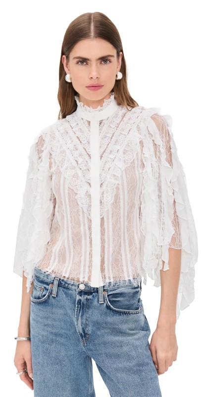 alice + olivia Rheba Mock Neck Button Front Lace Ruffle Sleeve Top Off White