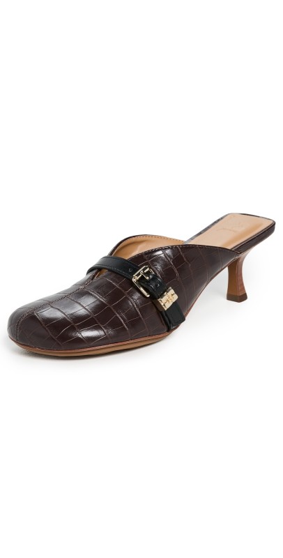 GANNI Sue Heeled Croco Mules Chocolate Fondant