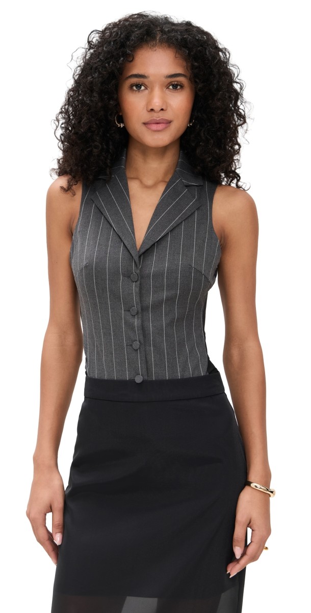 Fleur du Mal Maxwell Bodysuit Dark Grey Pinstripe