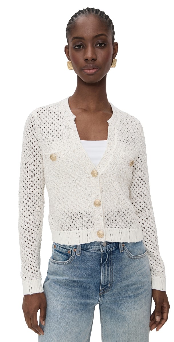 L'AGENCE Blanca Sequin Crop Cardigan Ivory/Gold