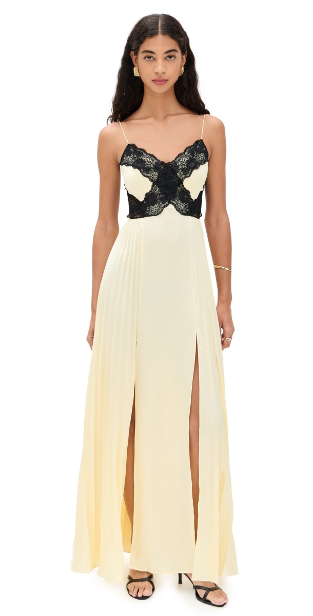 Self Portrait Yellow Satin Lace Maxi Dress Yellow