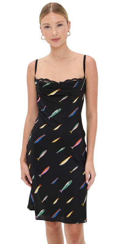 STAUD Evangeline Silk Dress Pop Sardines Black