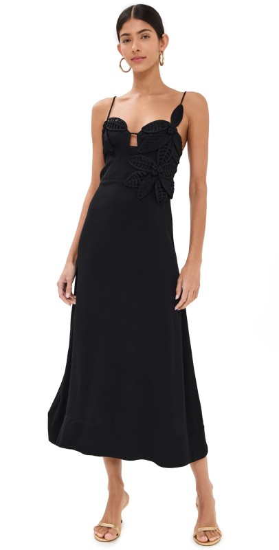 FARM Rio Black Flowered Bust Midi Dress Black