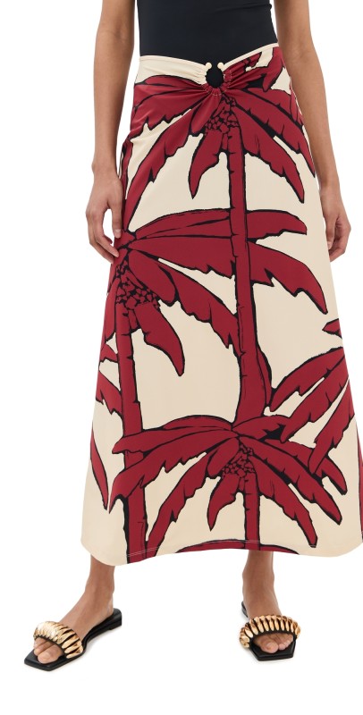 Johanna Ortiz Palms Breath Of Life Midi Skirt Salty Palms/Ecru/Red/Black