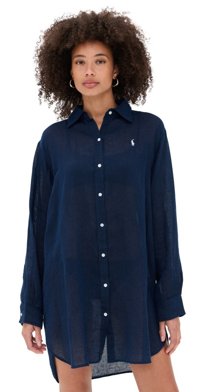 Polo Ralph Lauren Cotton Linen Boyfriend Shirt Navy Blue