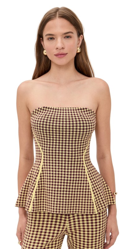 LE BOP Gingham Strapless Peplum Top Burgundy/Citrine