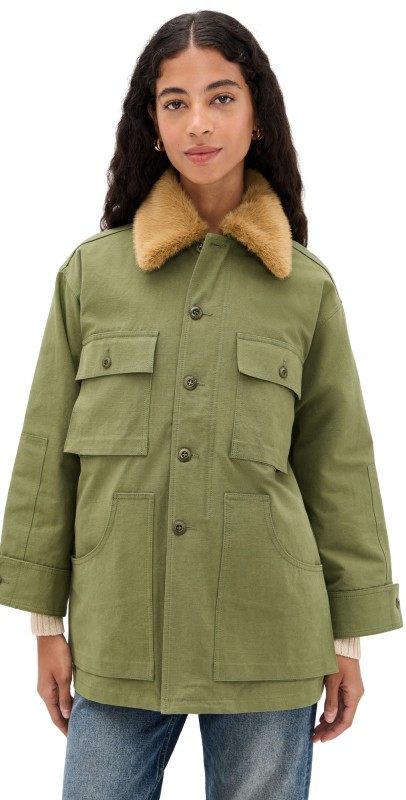 THE GREAT. The Quilted Liner Parka Army w/ Hot Orange