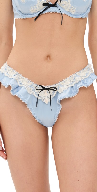 For Love & Lemons Sweetheart Satin Ruffle Thong Panties Dusty Blue