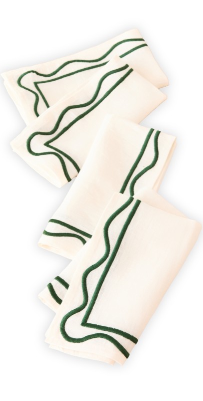 Misette Embroidered Linen Napkins Colorblock/Dark Green/Sag
