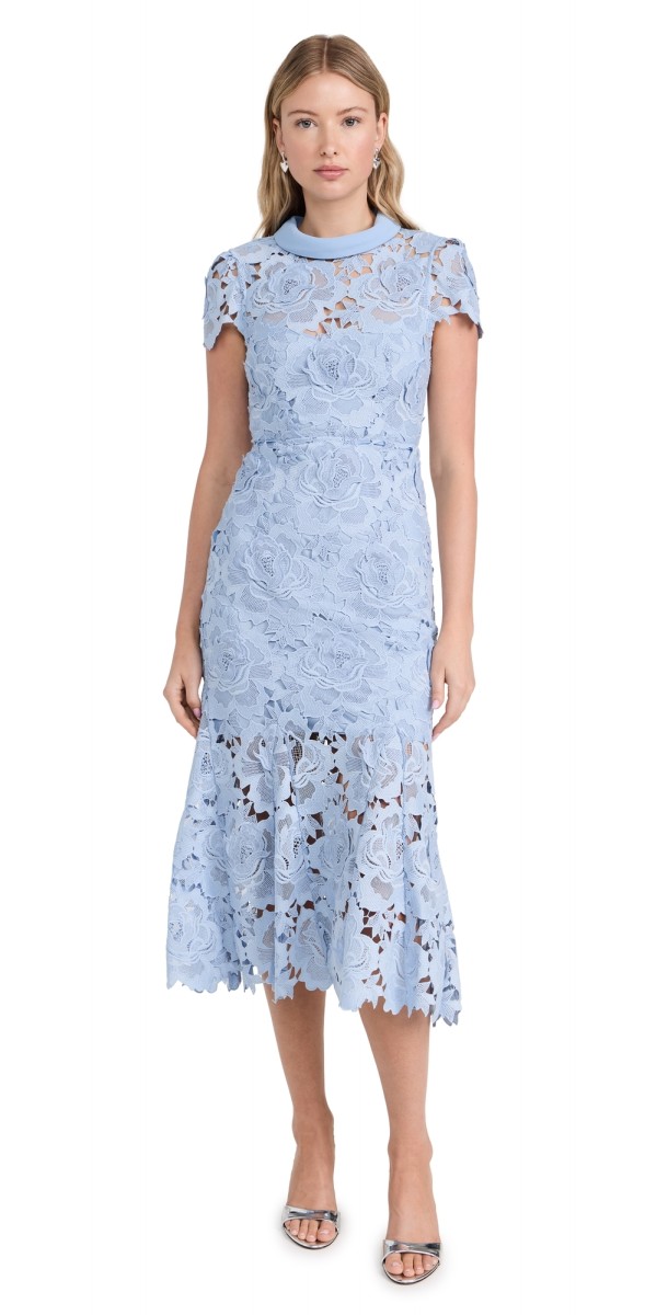 Self Portrait Blue Flower Lace Contrast Collar Midi Dress Blue