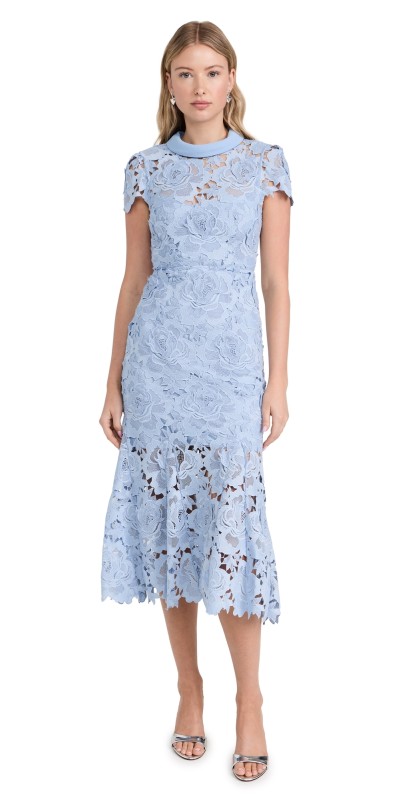 Self Portrait Blue Flower Lace Contrast Collar Midi Dress Blue