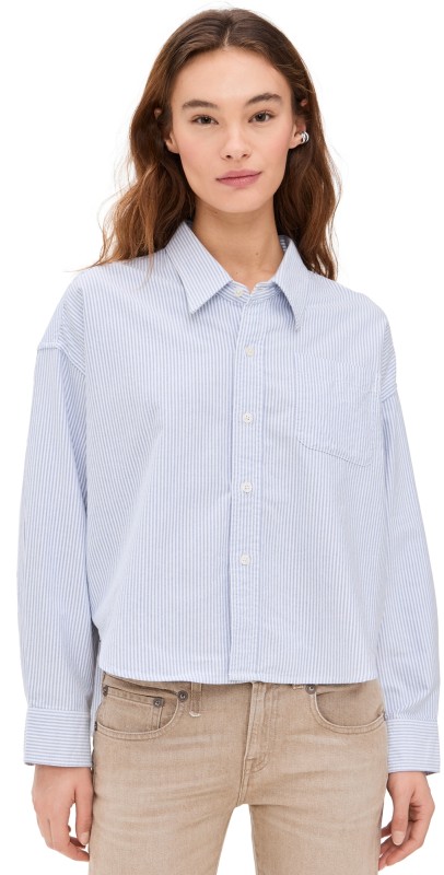 Denimist Cropped Button Front Shirt Blue Stripe Oxford