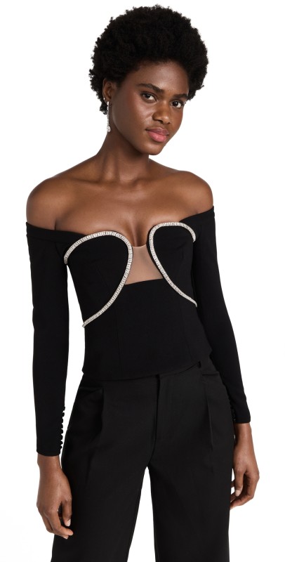 Self Portrait Black Off Shoulder Crepe Top Black