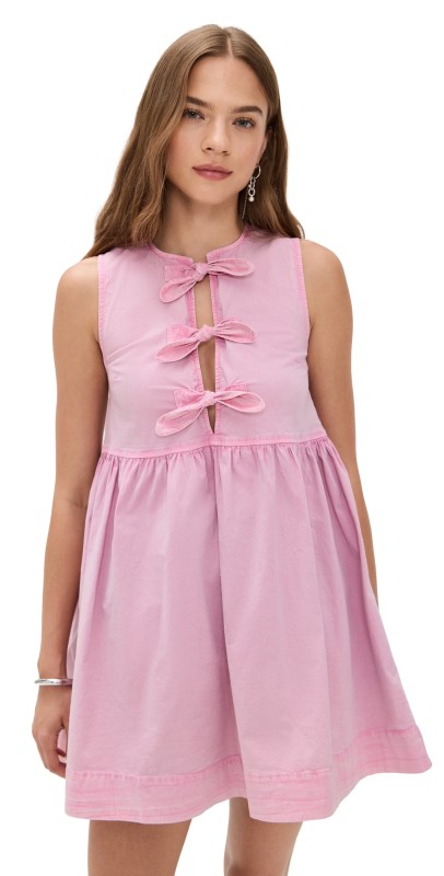 GANNI Washed Stretch Cotton Mini Bow Tie Dress Bleached Mauve