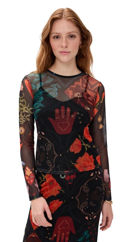 Never Fully Dressed Night Garden Mesh Long Sleeve Top Black