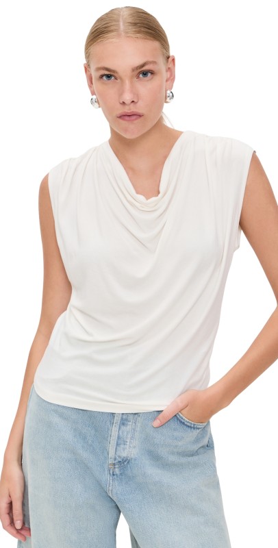 Vince Sleeveless Draped Cowl Neck Top Gesso