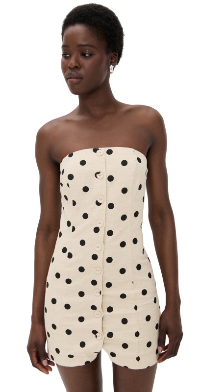 endless rose Polka Dot Linen Strapless Dress Sand/Black