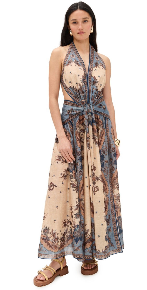 Zimmermann Ascension Plunge Halter Maxi Dress Blue/Cream Indienne Floral