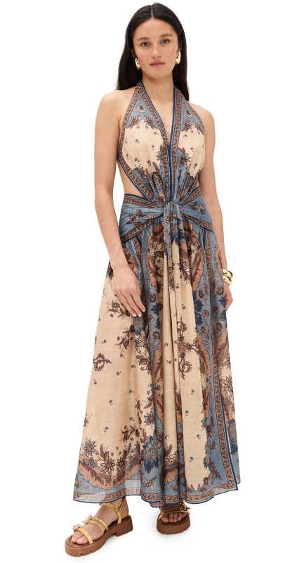 Zimmermann Ascension Plunge Halter Maxi Dress Blue/Cream Indienne Floral