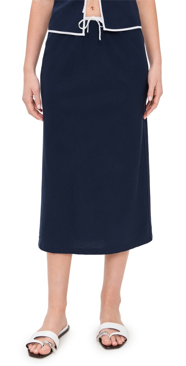 Onia Air Linen Midi Skirt Deep Navy/White