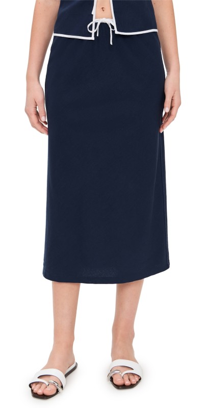 Onia Air Linen Midi Skirt Deep Navy/White
