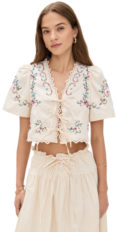 Moon River Short Puff Sleeve Eyelet Detail Top Cream Multi