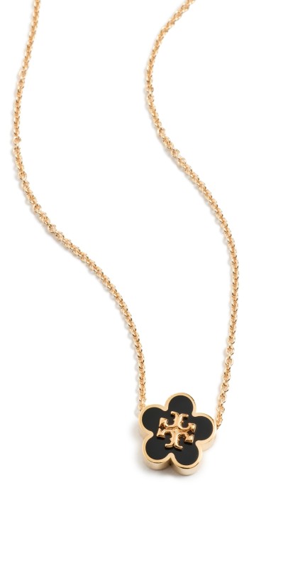 Tory Burch Kira Enamel Flower Pendant Necklace Tory Gold / Black