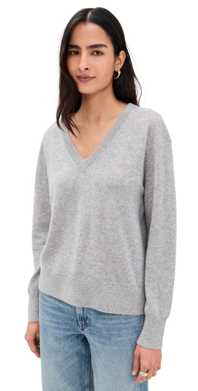 White + Warren Cashmere V Neck Pullover Grey Heather