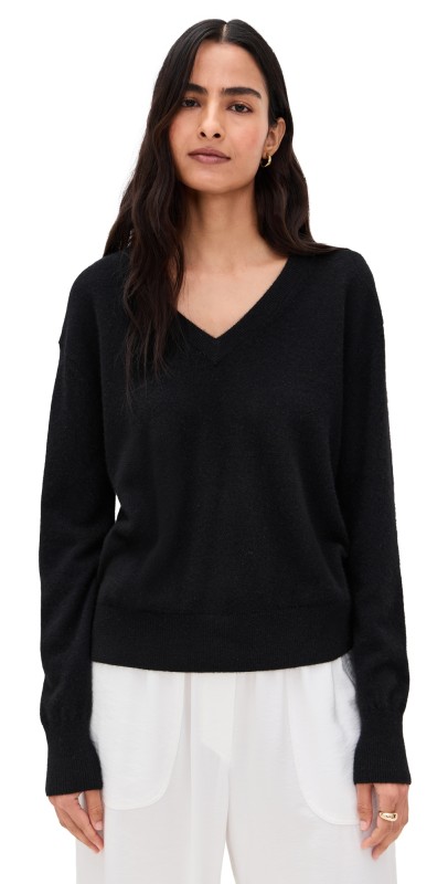 White + Warren Cashmere V Neck Pullover Black