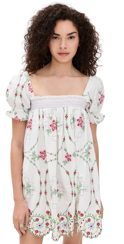 Damson Madder Lulu Rose Embroidery Mini Dress White