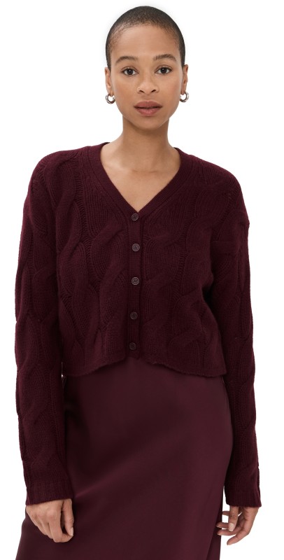 Sablyn V Neck Cropped Cable Cardigan Bordeaux