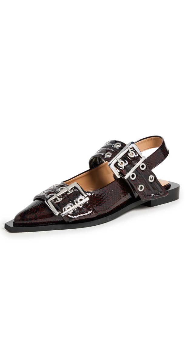 GANNI Buckle Ballerina Snake Flats Dark Burgundy