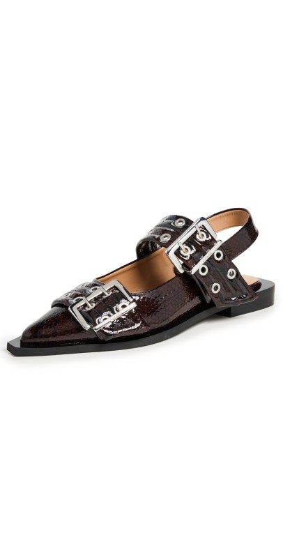 GANNI Buckle Ballerina Snake Flats Dark Burgundy