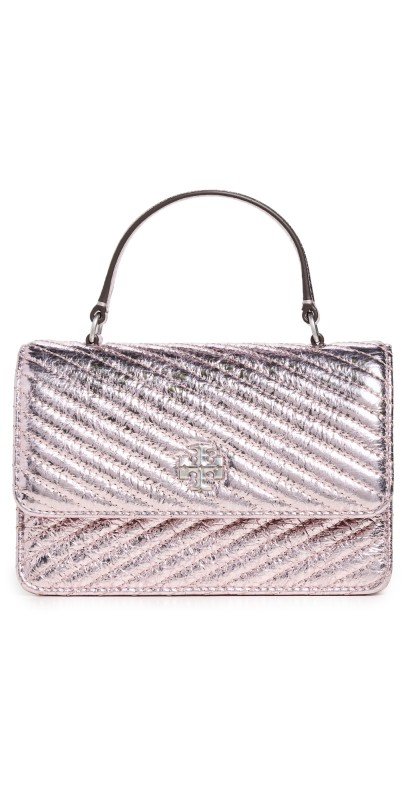 Tory Burch Kira Metallic Moto Quilt Mini Top Handle Bag Sparkle Pink