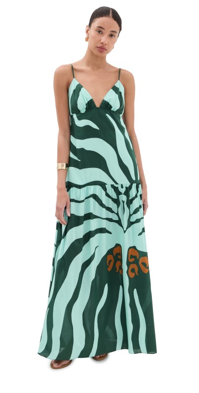 Johanna Ortiz Dark Green Mint Zea Palm Maxi Dress Dark Green/Mint