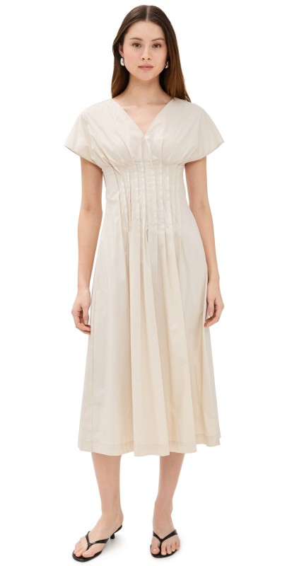 MEIMEIJ Poplin Dress with Mini Pleats at Waist Oyster