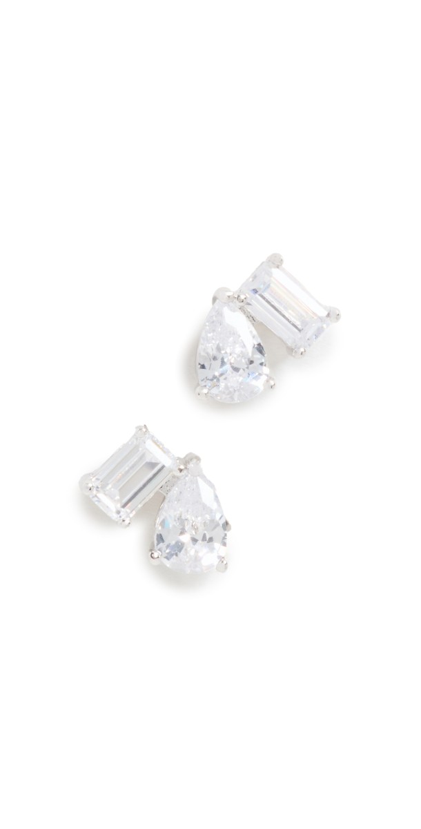 By Adina Eden Cubic Zirconia Teardrop X Baguette Stud Earrings Silver