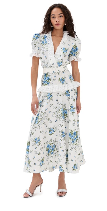Rodarte White and Blue Daisy Silk Short Sleeve Silk Dress with Eyelet Ruffle Detail and Belt White/Blue