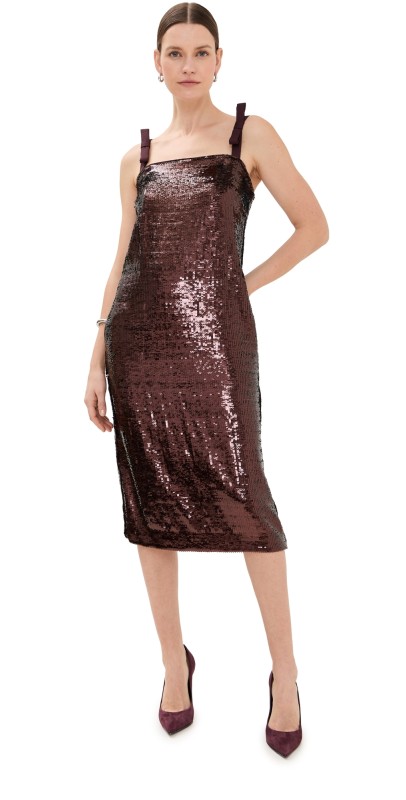 AKNVAS Vonna Sequin Cocktail Dress with Bow Detail Straps Mahogany